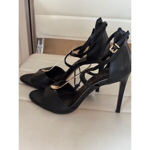 Express Womens Black Gold T-Strap Stiletto Ankle Strap Heel Sandals Size 10 NEW